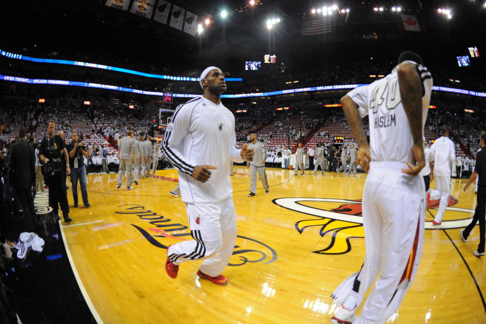 MIAMI, FL - JUNE 6: LeBron James #6 of the Miami Heat warms up before Game One of the 2013 NBA Finals against the San Antonio Spurs on June 6, 2013 at American Airlines Arena in Miami, Florida.&nbsp;