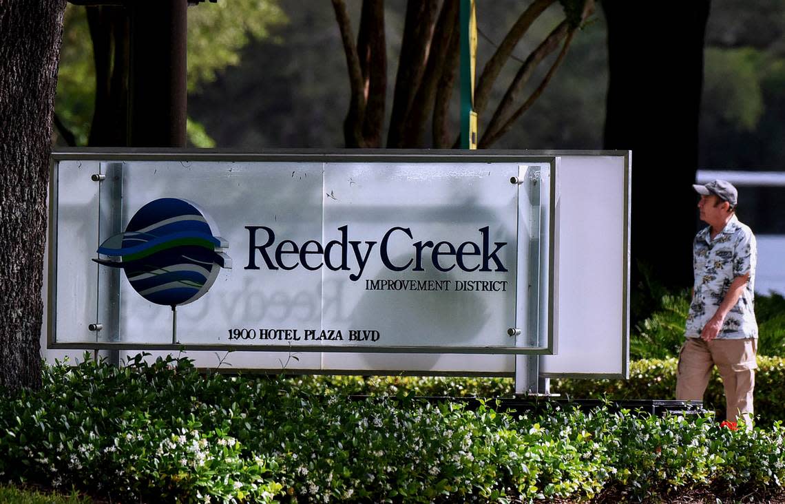 The sign outside the Reedy Creek Improvement District administrative office building is seen at Walt Disney World in Lake Buena Vista, the day after Florida Gov. Ron DeSantis signed a bill dissolving the theme park’s special purpose district. The Reedy Creek Improvement District was created by state law in May 1967 to give the Walt Disney Company governmental control over the land in and around its central Florida theme parks.