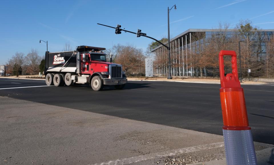 Feb.2, 2024; Tuscaloosa, Alabama, USA; Resurfacing work is underway on Jack Warner Parkway as shown by this section of new paving near the intersection with 21st Ave.