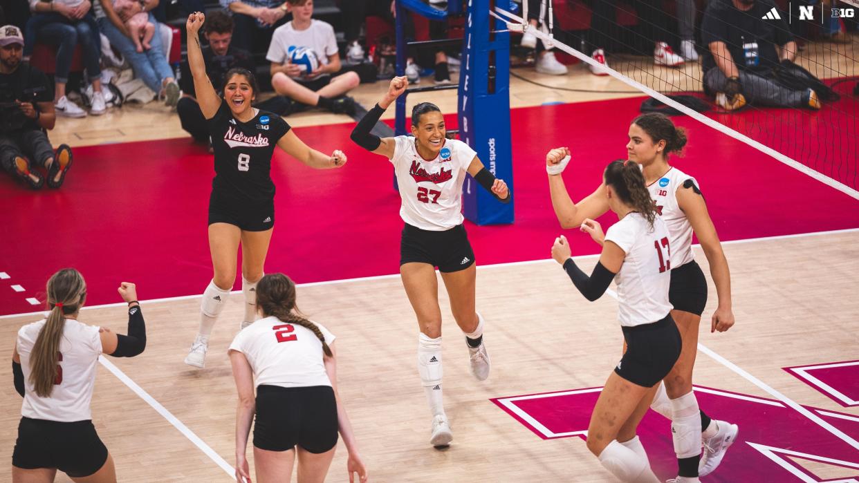 Nebraska celebrates their Elite Eight win. (University of Nebraska Athletics)