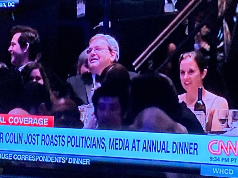 Jessica McAllister, seated next to McClatchy editor Blake Kaplan, is pictured during the CNN broadcast of the White House Correspondents’ Dinner.