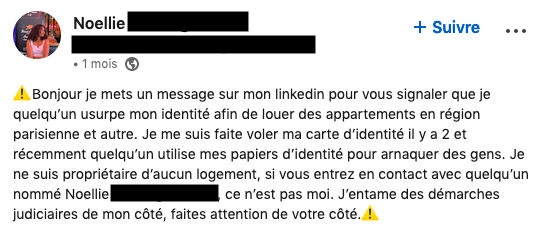 Capture d'écran d'un message posté sur LinkedIn en mars 2024 par une jeune femme victime d'une usurpation d'identité. Les escrocs ont utilisé son identité pour monter des dizaines d'arnaques à la location.