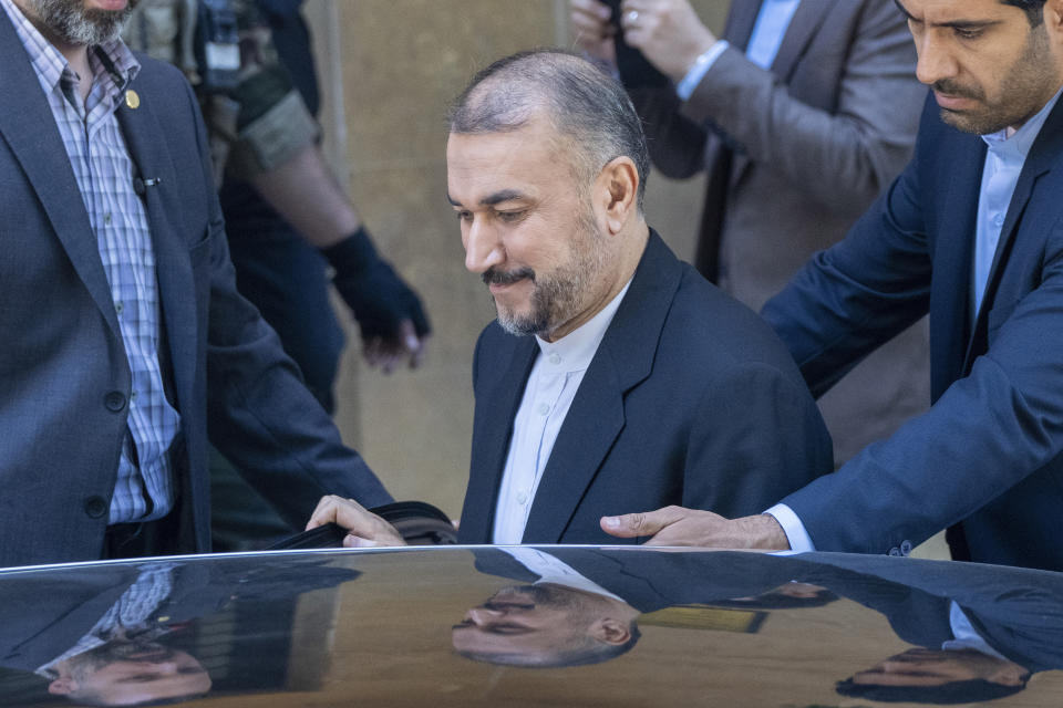 Iranian Foreign Minister Hossein Amirabdollahian leaves the Lebanese foreigner ministry after his meeting with his Lebanese counterpart Abdallah Bouhabib in Beirut, Lebanon, Thursday, April 27, 2023. (AP Photo/Hassan Ammar)