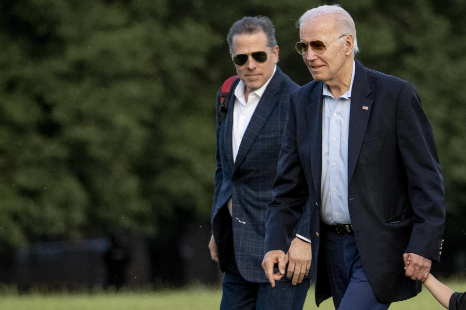 President Joe Biden, and his son Hunter Biden arrive at Fort McNair, Sunday, June 25, 2023, in Washington. The Biden's are returning from Camp David. (AP Photo/Andrew Harnik)