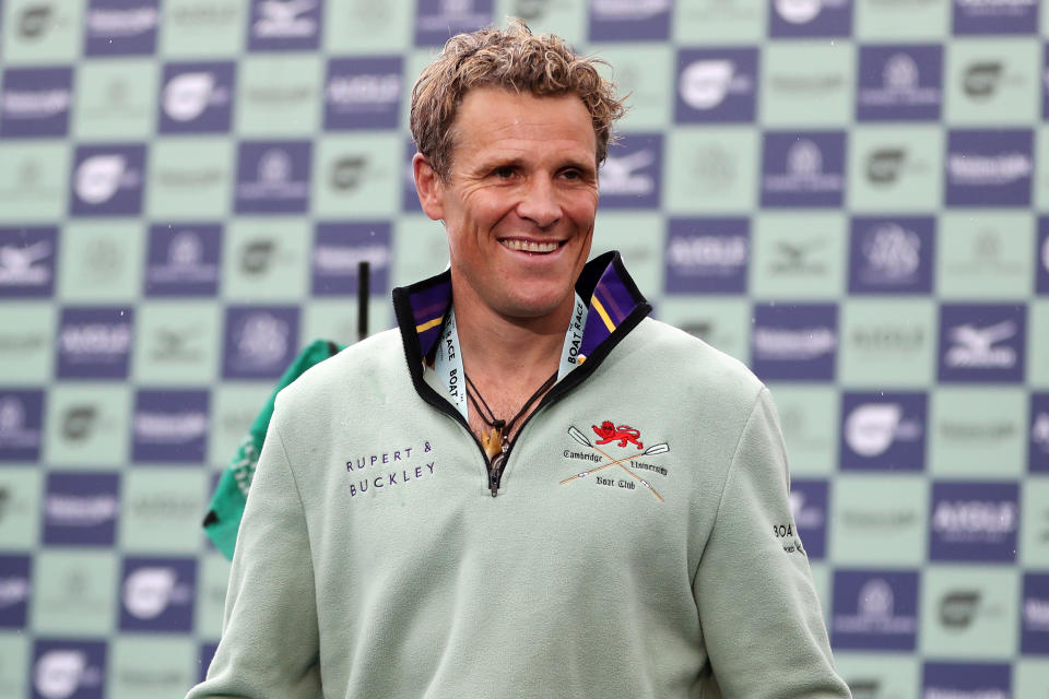 LONDON, ENGLAND - APRIL 07:   James Cracknell of Cambridge University Boat Club celebrates on the victory podium after his team win during The Boat Race 2019 on April 07, 2019 in London, England. (Photo by Naomi Baker/Getty Images)