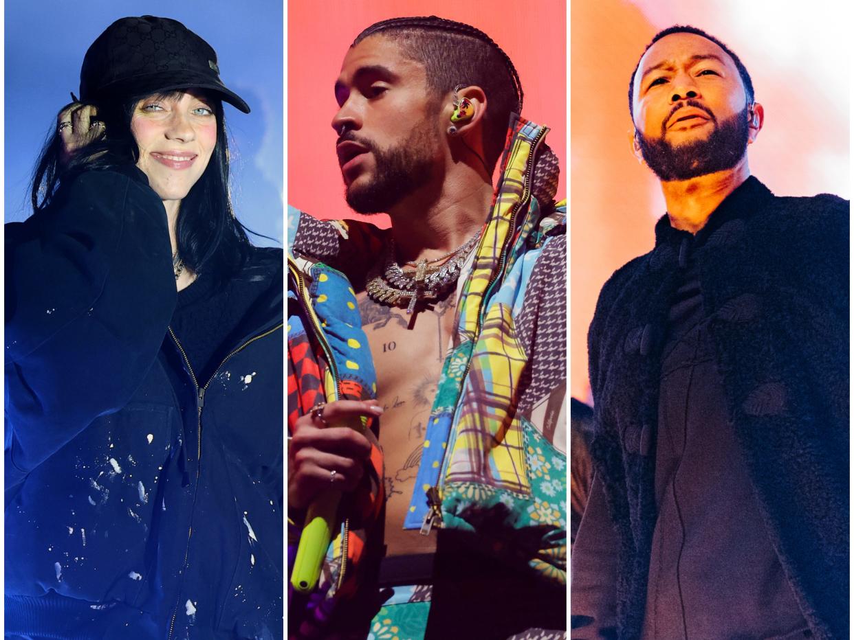 (From left) Billie Eilish, Bad Bunny, and John Legend performed at weekend one of Coachella Valley Music and Arts Festival 2023.