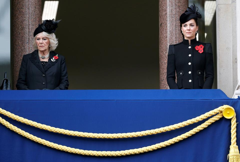 Britain's Camilla, Duchess of Cornwall (L) and Britain's Catherine, Duchess of Cambridge, attend the Remembrance Sunday ceremony at the Cenotaph on Whitehall in central London, on November 8, 2020. - Remembrance Sunday is an annual commemoration held on the closest Sunday to Armistice Day, November 11, the anniversary of the end of the First World War and services across Commonwealth countries remember servicemen and women who have fallen in the line of duty since WWI. This year, the service has been closed to members of the public due to the novel coronavirus COVID-19 pandemic. (Photo by PETER NICHOLLS / POOL / AFP) (Photo by PETER NICHOLLS/POOL/AFP via Getty Images)