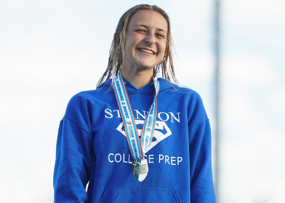 Stanton's Rylie Darkatsh places first in the dive event during the 2022 Florida High School Athletic Association Class 2A Swimming and Diving State Championships on Saturday, Nov. 19, 2022, at Sailfish Splash Waterpark in Stuart.