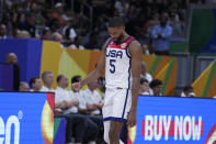 U.S. forward Mikal Bridges (5) walks after the Basketball World Cup bronze medal game between the United States and Canada in Manila, Philippines, Sunday, Sept. 10, 2023. (AP Photo/Michael Conroy)