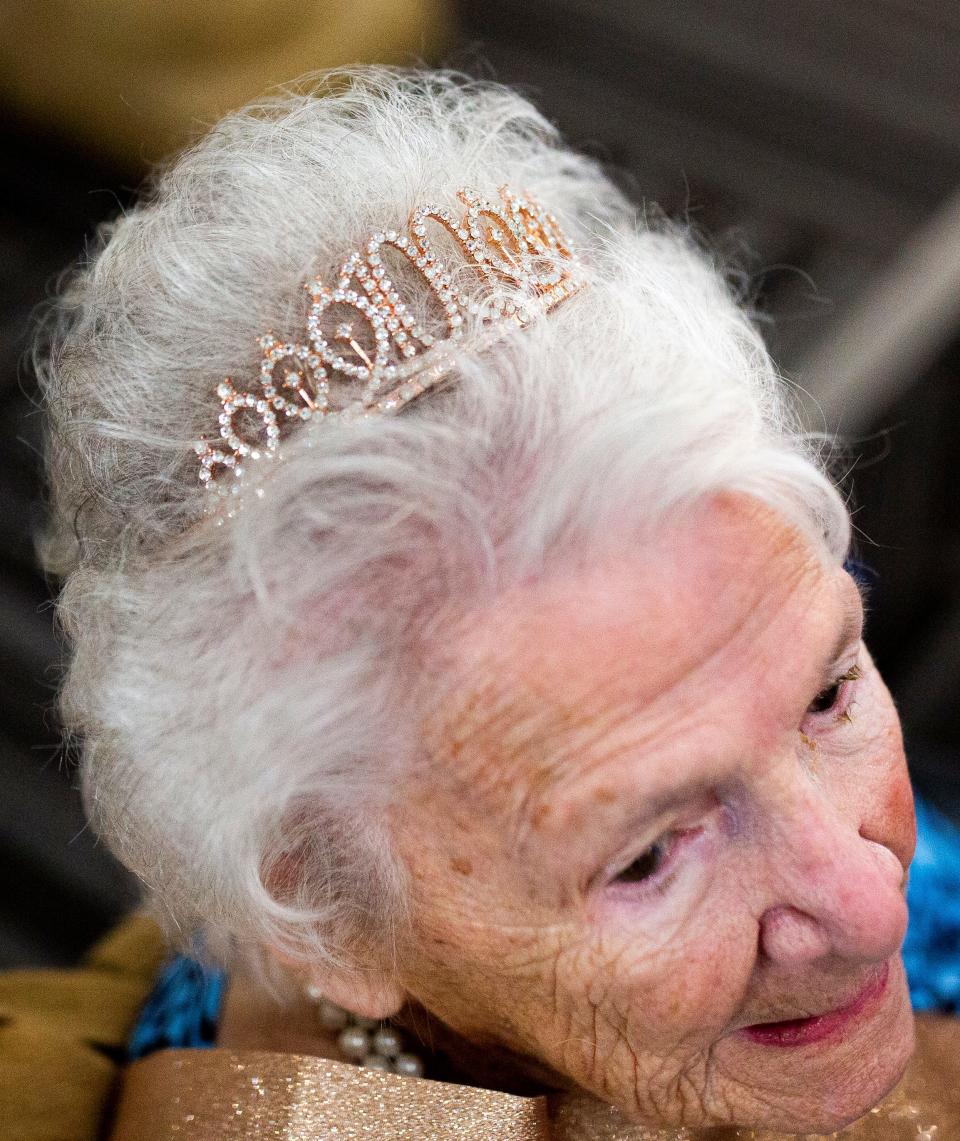 Jessie Winters wears a crown during her 100th birthday party on Tuesday, June 27, 2023, at Calvary Baptist Church. 