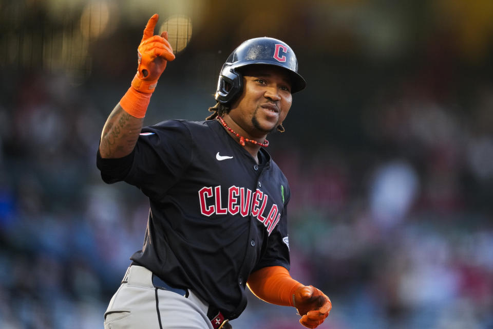 Cleveland Guardians' José Ramírez celebrates as he runs the bases after hitting a home run during the third inning of a baseball game against the Los Angeles Angels in Anaheim, Calif., Saturday, May 25, 2024. Tyler Freeman also scored. (AP Photo/Ashley Landis)