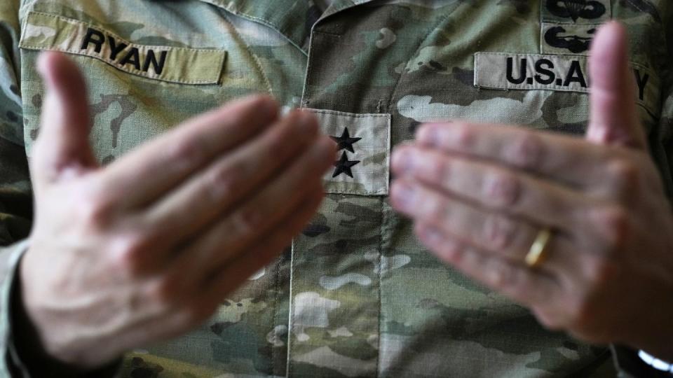 Commanding General of the 25th Infantry Division based in Hawaii, Maj. Gen. Joseph Ryan gestures said American forces and their allies in Asia, including the Philippines, are ready for battle (Aaron Favila/AP)
