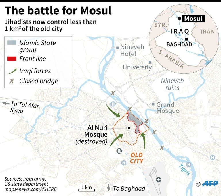 Map of Mosul in Iraq, locating the area of the Old City controlled by the Islamic State group