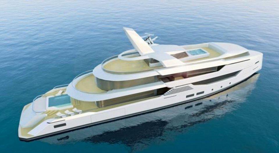 It's got a 2,300 square foot sundeck, a glass bottom pool and could accommodate 12 guests and 15 crew.  Designed by Bannenberg & Rowell Design, the yacht boasts a garage with port, starboard fold-down doors and a water-level beach club with large hull windows.