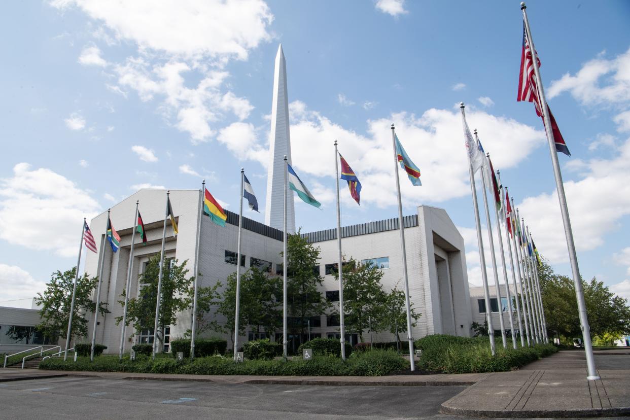 The Baptist World Center and its many flags out front at Nashville, Tenn., Tuesday, August 20, 2024. The denomination is facing a major and dramatic leadership decision, the outcome of which might impact support for the denomination and its domestic and foreign missions work.