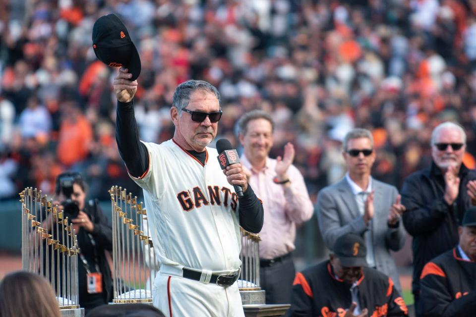 San Francisco Giants manager Bruce Bochy (15) speaks during a tribute to his time as a Giant after the game Sept. 29, 2019, against the Los Angeles Dodgers at Oracle Park in San Francisco, California.