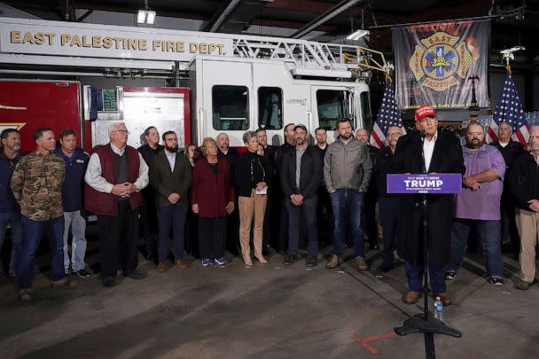 PHOTO: Former President Donald Trump speaks at the East Palestine Fire Department during a visit to the area in the aftermath of the Norfolk Southern train derailment, Feb. 22, 2023, in East Palestine, Ohio. (Matt Freed/AP)