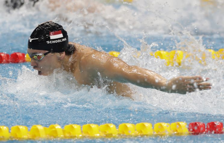 Singapore’s Joseph Schooling competes in a men’s 100-meter butterfly race during the swimming competitions of the World Aquatics Championships in Budapest, Hungary, Friday, July 28, 2017. (AP Photo/Petr David Josek)