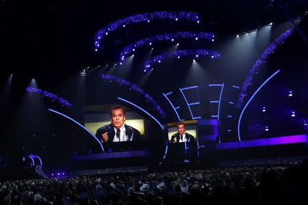 An image of Juan Gabriel, who won album of the year for "Los Duo 2," is shown on screen at the 17th Annual Latin Grammy Awards in Las Vegas, Nevada, U.S., November 17, 2016. REUTERS/Mario Anzuoni