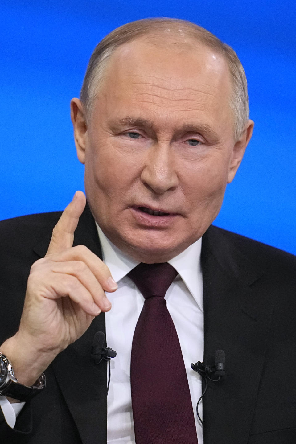 Russian President Vladimir Putin speaks during his annual news conference in Moscow, Russia, Thursday, Dec. 14, 2023. (AP Photo/Alexander Zemlianichenko, Pool)