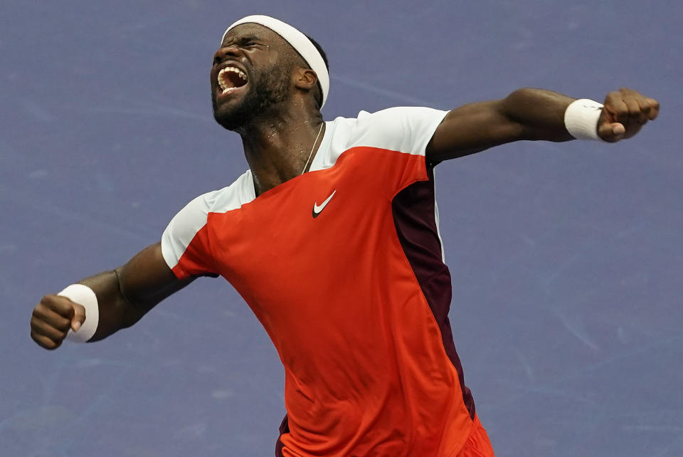 Frances Tiafoe, of the United States, reacts after defeating Andrey Rublev, of Russia, during the quarterfinals of the U.S. Open tennis championships, Wednesday, Sept. 7, 2022, in New York. (AP Photo/Seth Wenig)