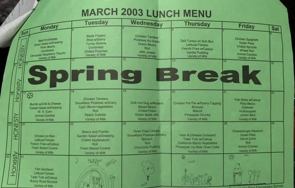 school lunch calendar in 2003