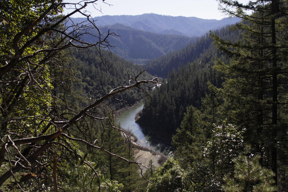 In this photo taken March 3, 2020, the Klamath River is seen flowing across northern California from atop Cade Mountain in the Klamath National Forest. A plan to demolish four dams on California's second-largest river to benefit threatened salmon has sharpened a decades-old dispute over who has the biggest claim to the river's life-giving waters. The project, if it goes forward, would be the largest dam demolition project in U.S. history and reopen 400 stream miles of potential salmon habitat that's been blocked off for more than a century. Numerous tribes in southern Oregon and northern California are pushing for the dams' removal to save dwindling salmon populations in California's second-largest river. (AP Photo/Gillian Flaccus)