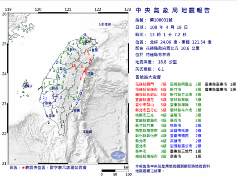 花蓮發生規模 6.1 有感地震。