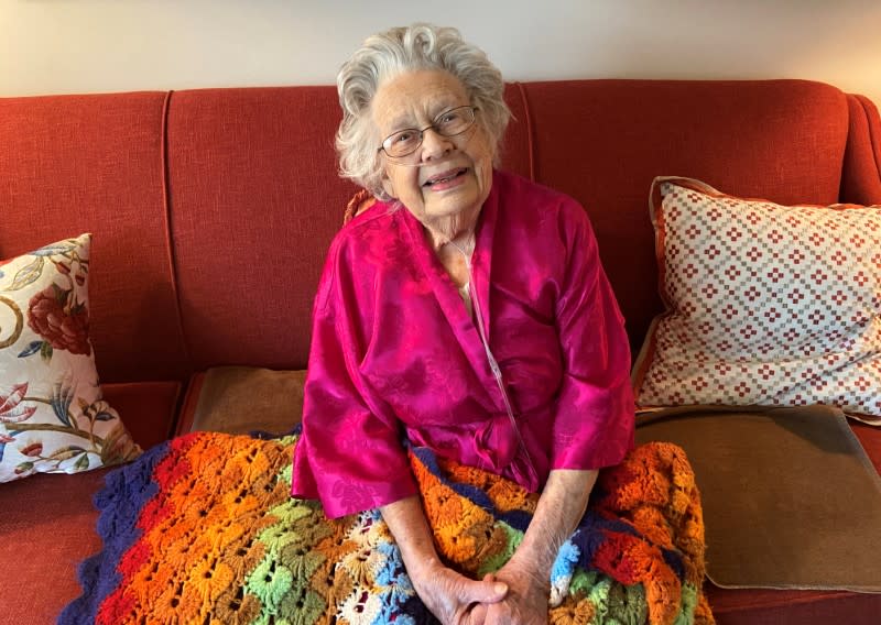 Hildebrandt, 93, poses for photo while in self-quarantine due to coronavirus disease fears in Sunderland