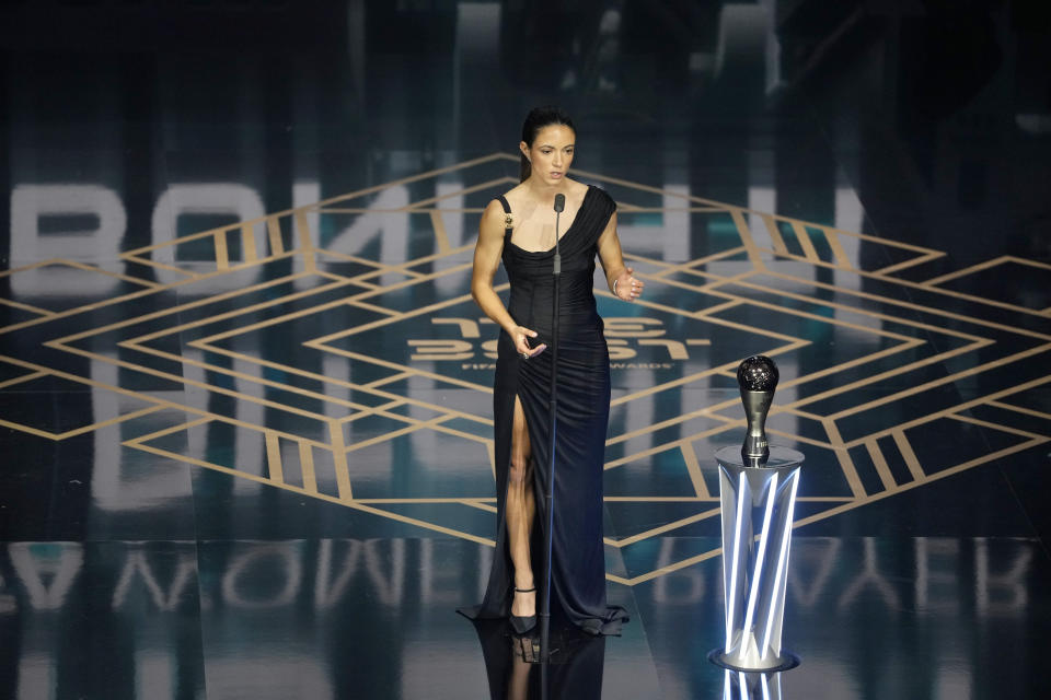 Barcelona's and Spain's Aitana Bonmati accepts the Best Women's Player award during the FIFA Football Awards 2023 at the Eventim Apollo in Hammersmith, London, Monday, Jan. 15, 2024. (AP Photo/Kirsty Wigglesworth)