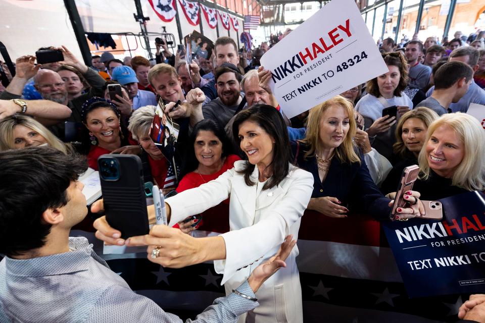 Republican presidential candidate Nikki Haley greets supporters after her speech Wednesday, Feb. 15, 2023, in Charleston, S.C. (AP Photo/Mic Smith) ORG XMIT: SCMS105