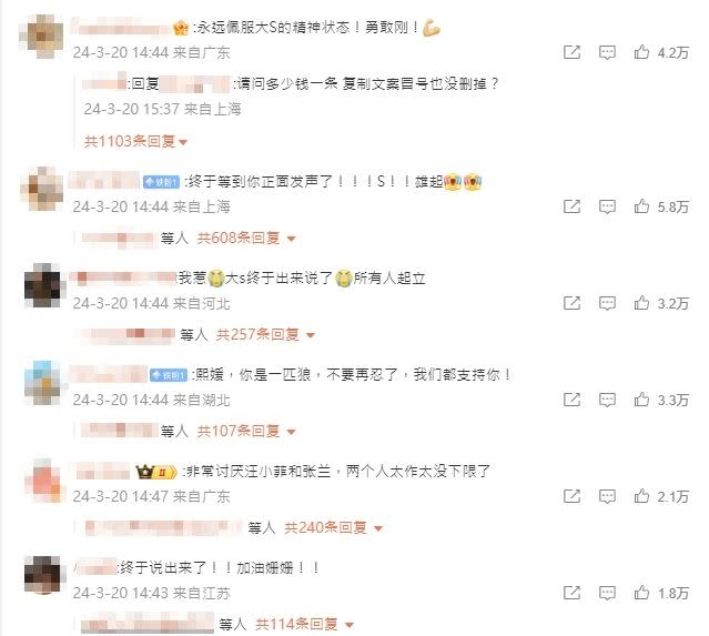 中國網友紛紛留言力挺大S。（圖／翻攝自微博）