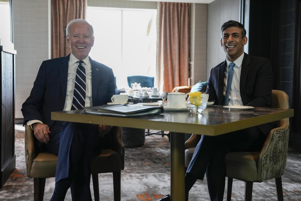 President Joe Biden meets with Britain's Prime Minister Rishi Sunak, Wednesday, April 12, 2023, in Belfast, Northern Ireland. (AP Photo/Patrick Semansky)