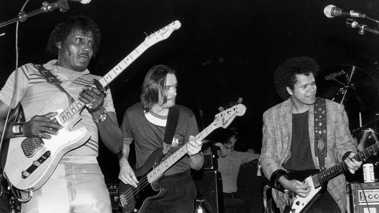   L-R: Albert Collins, Jaco Pastorious and Eddie Martinez performing live onstage in 1985 