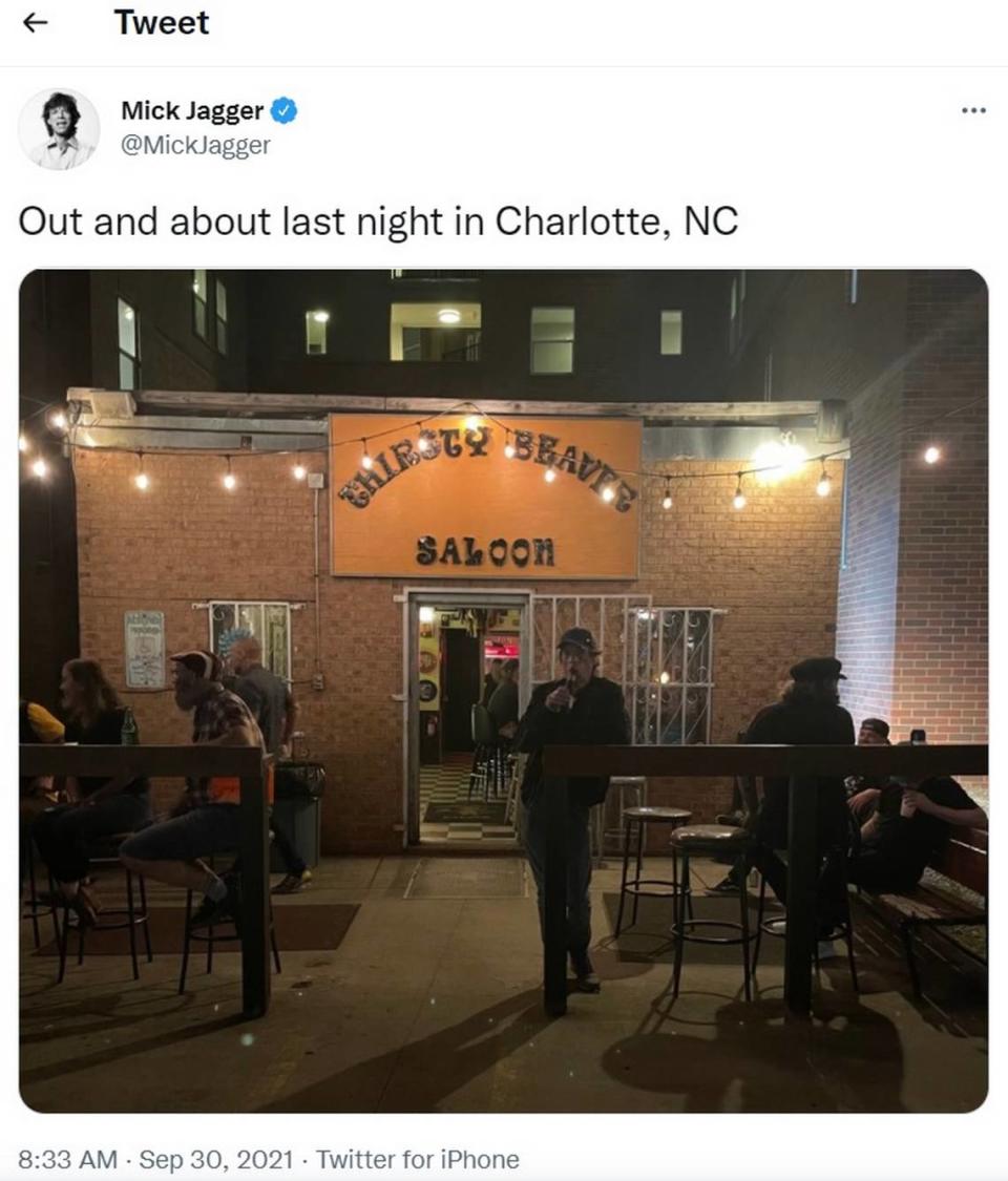 In this screen capture from Twitter, Rolling Stones front man Mick Jagger enjoys a beverage at Thirsty Beaver Saloon in Charlotte, NC, on Wednesday, Sept. 29, 2021. Jagger posted the photo to social media the next day.