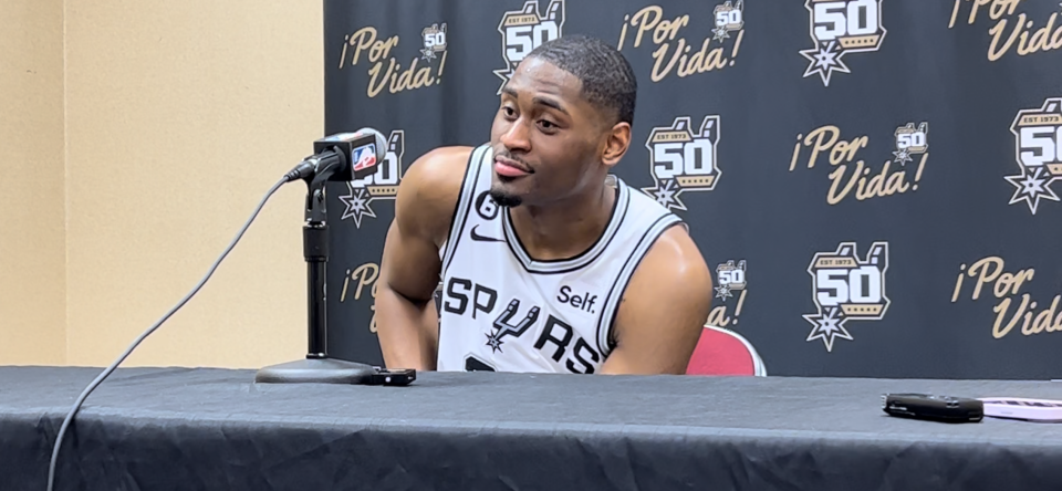 San Antonio's Malaki Branham talks with reporters after scoring 18 points at Cleveland on Monday.