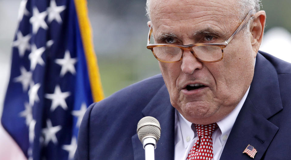 FILE - This Aug. 1, 2018, file photo shows Rudy Giuliani, an attorney for President Donald Trump, in Portsmouth, N.H. As Giuliani was pushing Ukrainian officials in the spring of 2019 to investigate one of Donald Trump’s main political rivals, a group of individuals with ties to the president and his personal lawyer were also active in the former Soviet Republic. (AP Photo/Charles Krupa, File)