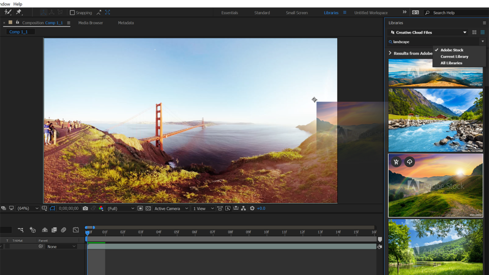 Image of the Golden Gate bridge being edited in After Effects