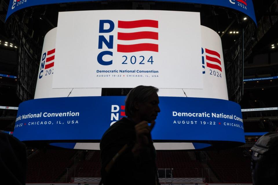 The logo for the Democratic National Convention is displayed on the scoreboard at the United Center during a media walkthrough on January 18, 2024 in Chicago, Illinois. The Democrats haven’t had an open convention since 1968 (Getty Images)