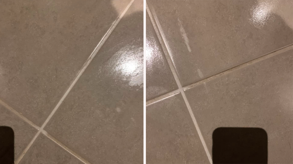 Image of bathroom tiles before and after grout brush cleans grout