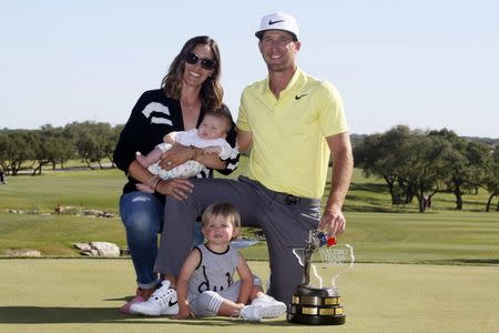 Apr 23, 2017; San Antonio, TX, USA; Kevin Chappell poses with the winners trophy after winning the Valero Texas Open golf tournament at TPC San Antonio - AT&T Oaks Course. Mandatory Credit: Soobum Im-USA TODAY Sports