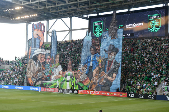 Austin FC supporters rolled out a tifo featuring icons of the city on Saturday. (Photo by John Rivera/Icon Sportswire via Getty Images)