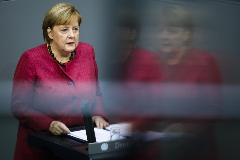 German Chancellor Angela Merkel delivers a speech about German government's policies to combat the spread of the coronavirus and COVID-19 disease at the parliament Bundestag, in Berlin, Germany, Thursday, Oct. 29, 2020. (Photo/Markus Schreiber)