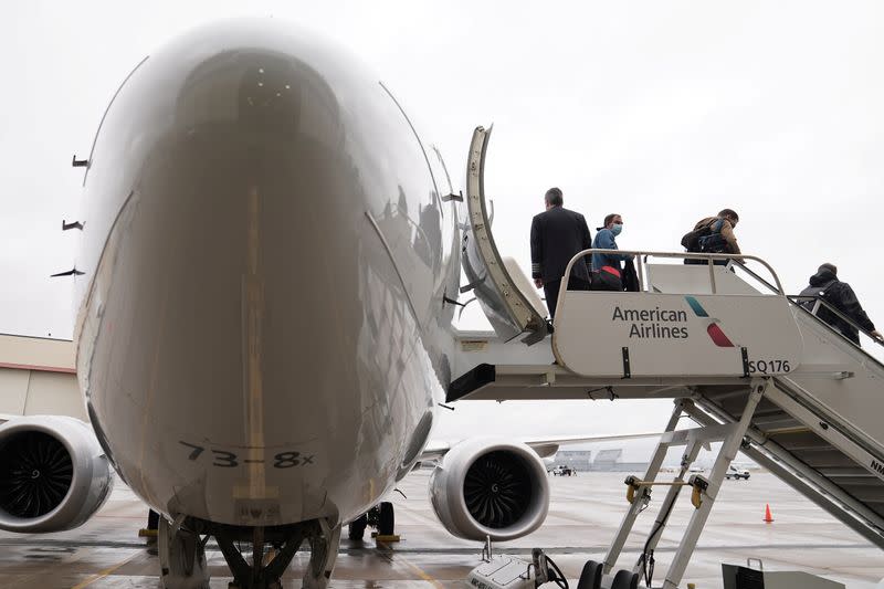 Passengers depart from a Boeing 737 Max airplane media flight from Dallas Fort Worth Airport to Tulsa