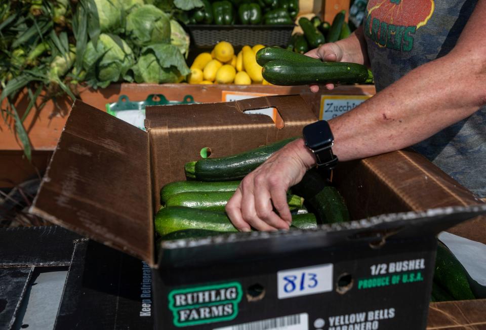 Tammy Diedrich, manager and co-owner of the Farm Fresh Market at Ruhlig Farms & Gardens, stocks zucchini on an outdoor display outside her market in Brownstown on Thursday, Aug. 3, 2023.