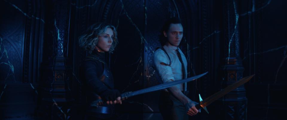 Sylvie (Sophia Di Martino) and Loki (Tom Hiddleston) in Loki.