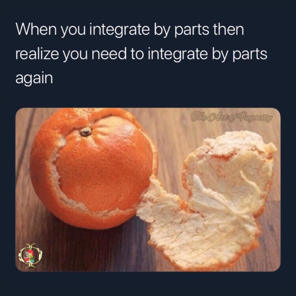 "when you integrate by parts and realize you need to do it again" with a pic of an orange peeled to reveal another orange