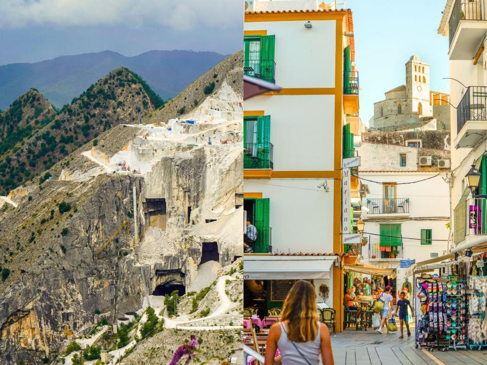 L: A wide view of a marble mountain range dotted with quarries. R: A colorful, narrow street in Ibiza with flowers outside of the buildings