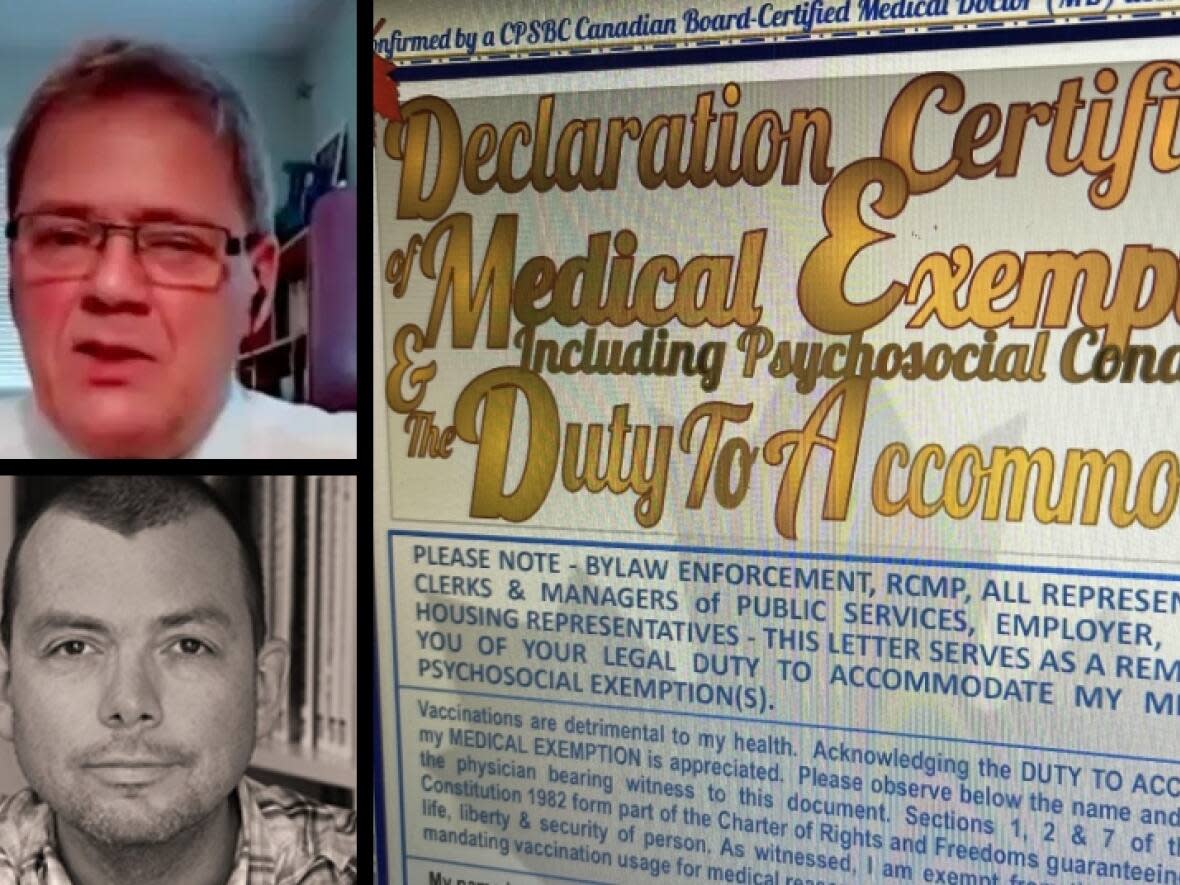 CBC News has obtained a phoney mask and vaccine exemption 'certificate' purportedly signed by Dr. Stephen Malthouse, shown here at top left. It appears to have been produced through the website EnableAir.com, which has been linked to Dr. Gwyllyn Goddard, bottom left. (Canadian Doctors Speak Out/Gwyllyn.com/CBC - image credit)