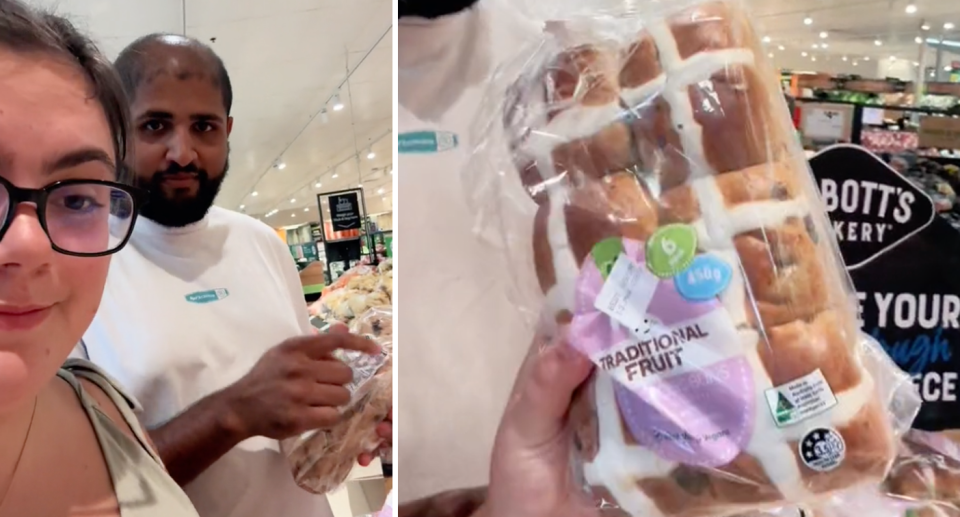 Left, the couple tap on the hot cross buns to show the camera they are frozen. Right, the hot cross buns are held up to the camera. 